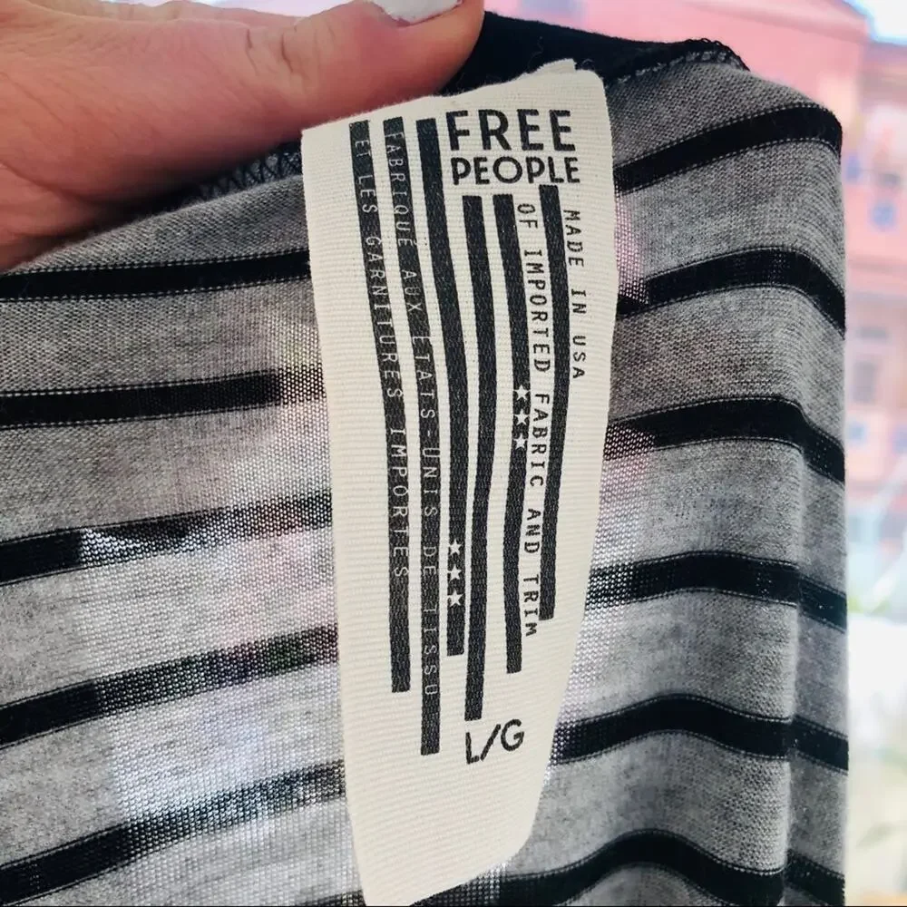 FP FREE PEOPLE Grey Black Striped Deep VNeck Short Sleeve Bodysuit Top Tee Large